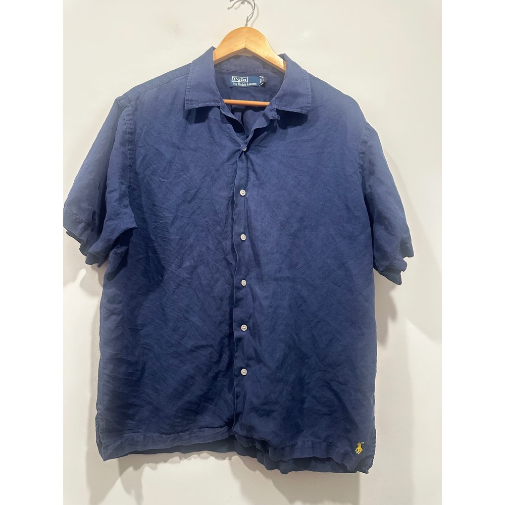 Polo Ralph Lauren Mens Large Navy Blue Linen Silk Short Sleeve Camp Shirt Pony
